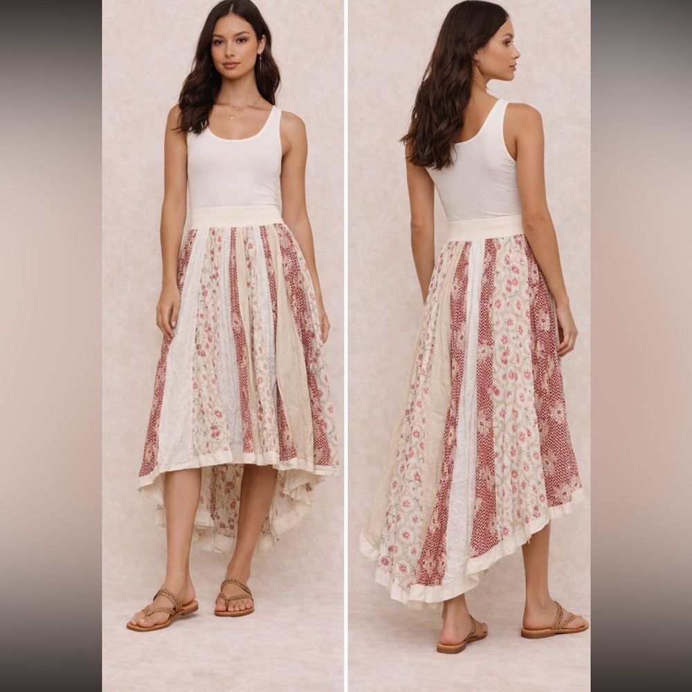 Free People Boho High-Low Floral Panel Skirt in Cream XS 2